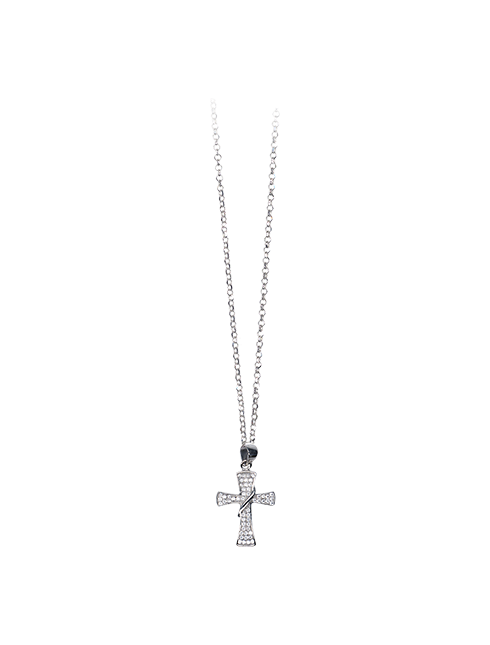 Collana con Croce Stilizzata in Argento e Zirconi con Astuccio