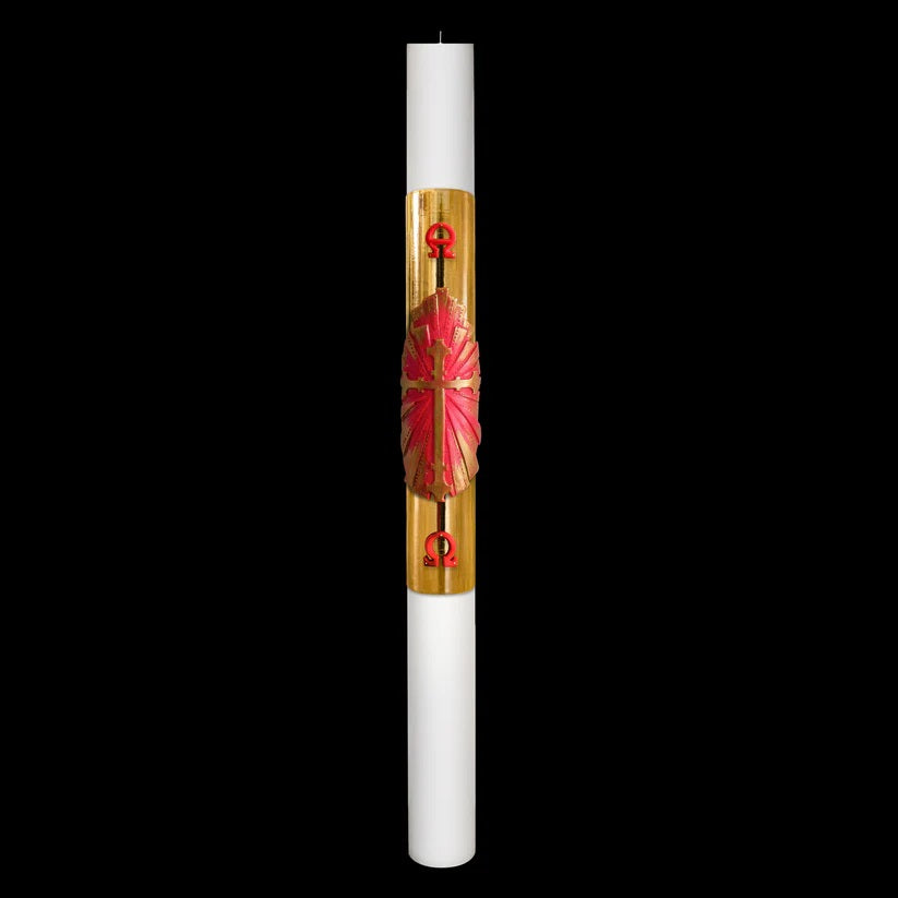 Cero Pasquale Bianco 80x1200 mm Decoro Foglia Oro Bassorilievo Croce Antica con Anno Applicato e con Rinforzo