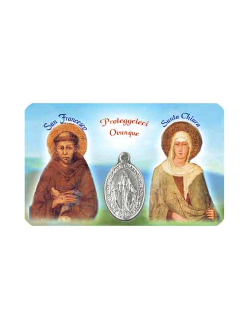 Card Plastificata San Francesco e Santa Chiara d'Assisi con Medaglia Miracolosa 8,6x5,4 cm 100 Pezzi