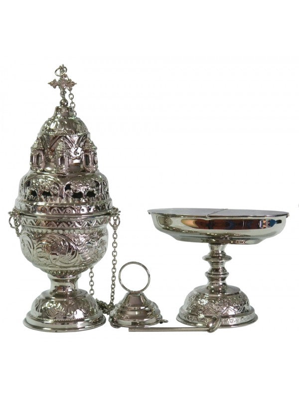 Set Turibolo e Navicella Decorati in Ottone Nichelato Argentato