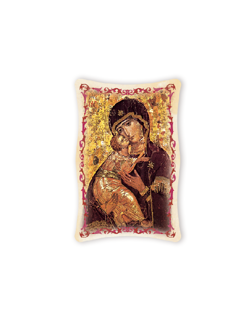 Quadro da Parete Sagomato con Immagine Madonna Bizantina con Bambino Effetto Lucido Cornice e Decoro a Rilievo 25x40 cm