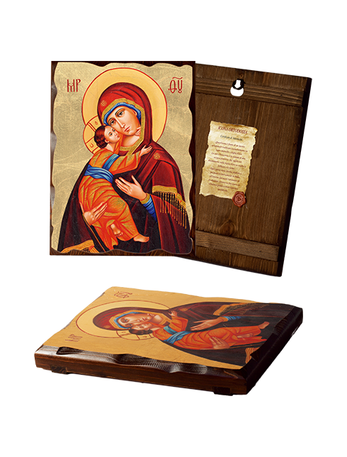 Quadro Icona Ortodossa Madonna con Bambino in Legno Massello con Foglia Oro