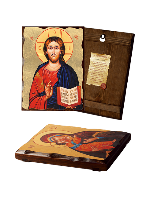 Quadro Icona Ortodossa Gesù Maestro in Legno Massello con Foglia Oro