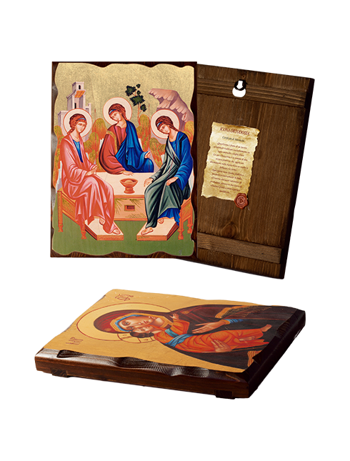Quadro Icona Ortodossa Gesù con San Pietro e San Paolo in Legno Massello con Foglia Oro