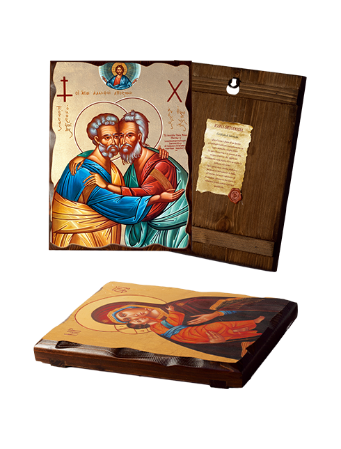 Quadro Icona Ortodossa Santi Pietro e Paolo in Legno Massello con Foglia Oro