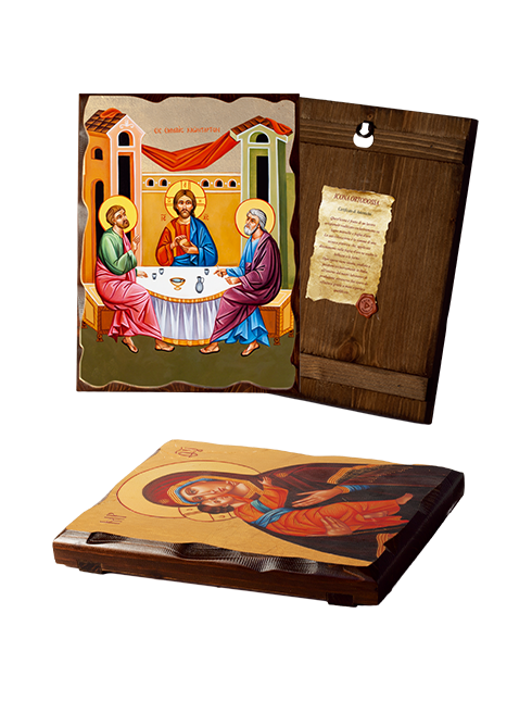 Quadro Icona Ortodossa Gesù con San Pietro e San Paolo in Legno Massello con Foglia Oro
