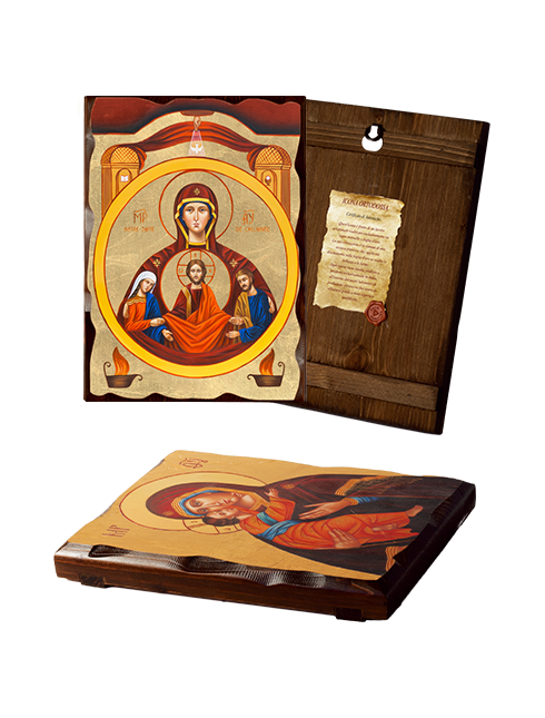Quadro Icona Ortodossa Sacra Famiglia in Legno Massello con Foglia Oro