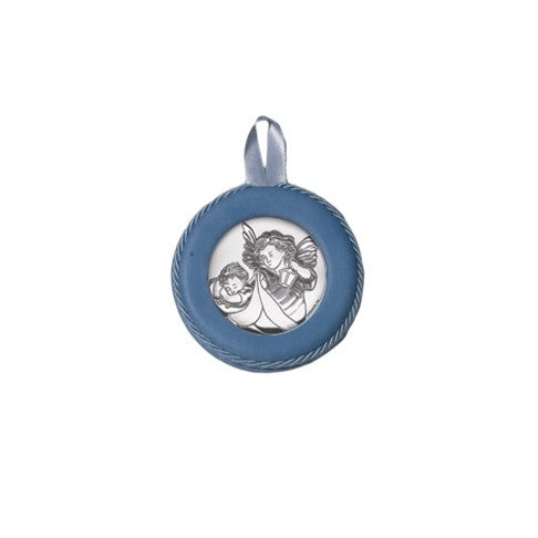 Sopraculla Azzurro in Pelle Tondo con Placca in Argento con Angeli Custodi