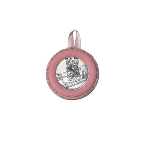 Sopraculla Rosa in Pelle Tondo con Placca in Argento con Angelo Custode