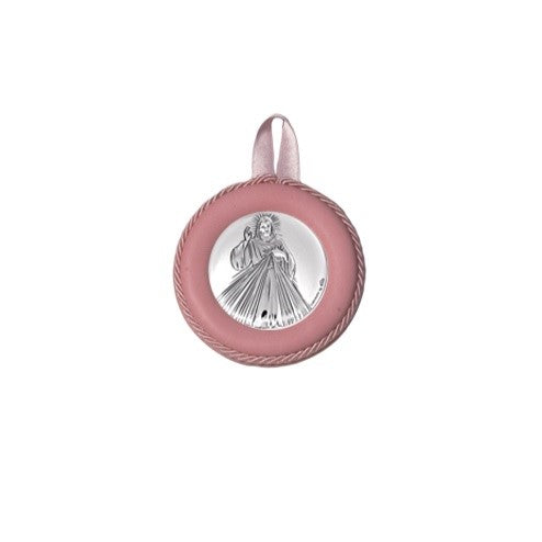 Sopraculla Rosa in Pelle Tondo con Placca in Argento con Gesù Misericordioso