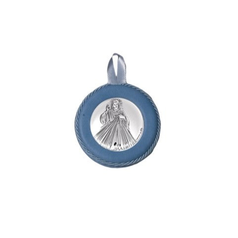 Sopraculla Azzurro in Pelle Tondo con Placca in Argento con Gesù Misericordioso