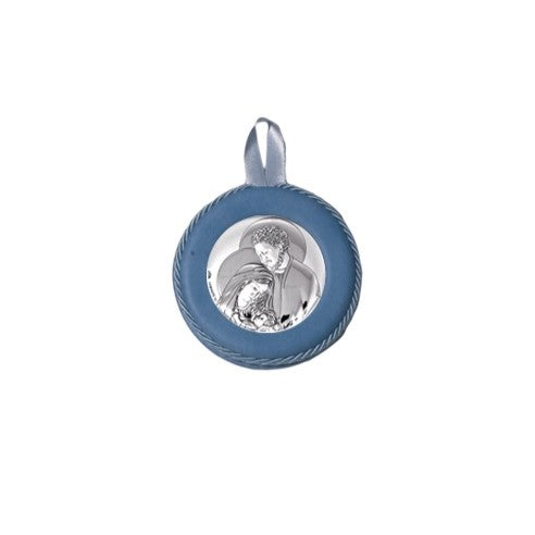 Sopraculla Azzurro in Pelle Tondo con Placca in Argento con Sacra Famiglia