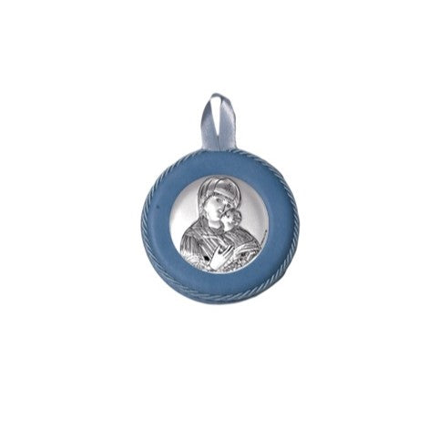 Sopraculla Azzurro in Pelle Tondo con Placca in Argento con Madonna e Bambino