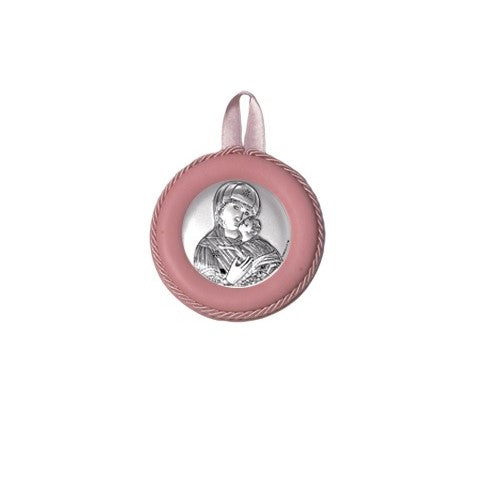 Sopraculla Rosa in Pelle Tondo con Placca in Argento con Madonna e Bambino