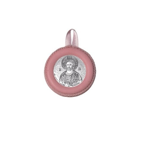 Sopraculla Rosa in Pelle Tondo con Placca in Argento con Gesù Maestro