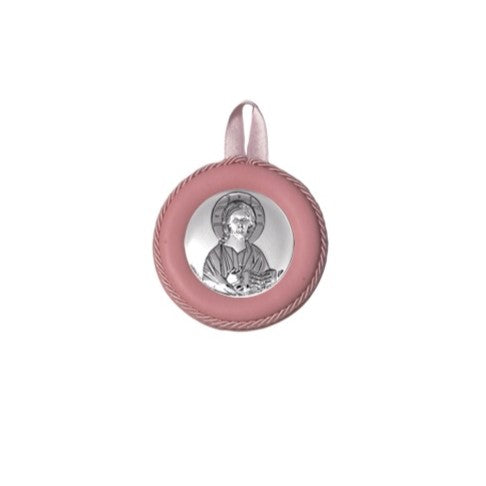Sopraculla Rosa in Pelle Tondo con Placca in Argento con Gesù Maestro