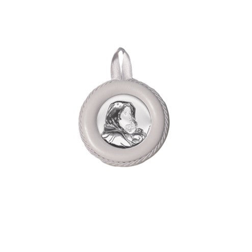 Sopraculla in Pelle Tondo con Placca in Argento con Madonna e Bambino