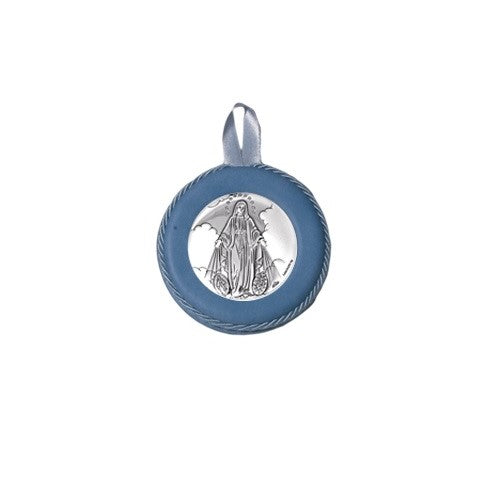 Sopraculla Azzurro in Pelle Tondo con Placca in Argento con Madonna Miracolosa
