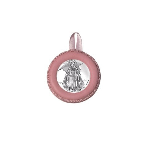 Sopraculla Rosa in Pelle Tondo con Placca in Argento con Madonna Miracolosa
