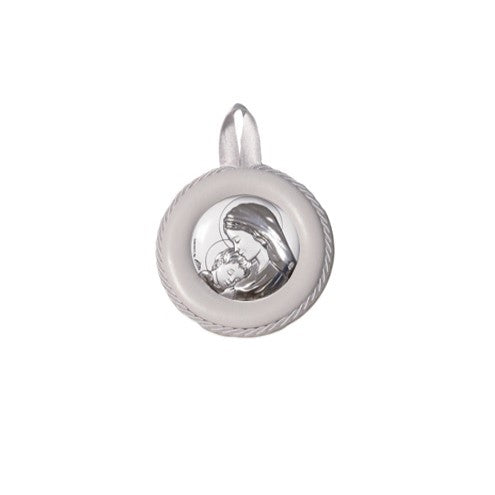 Sopraculla in Pelle Tondo con Placca in Argento con Madonna e Bambino