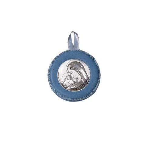 Sopraculla Azzurro in Pelle Tondo con Placca in Argento con Madonna e Bambino