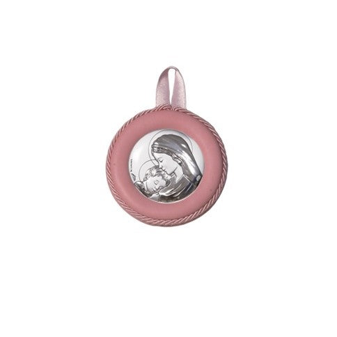 Sopraculla Rosa in Pelle Tondo con Placca in Argento con Madonna e Bambino