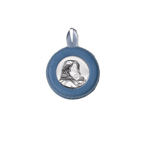 Sopraculla Azzurro in Pelle Tondo con Placca in Argento con Madonna e Bambino