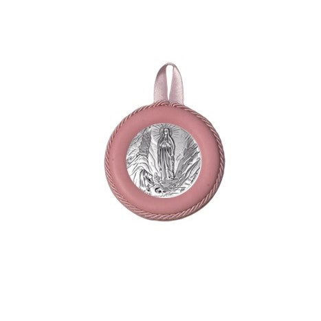 Sopraculla Rosa in Pelle Tondo con Placca in Argento con Madonna di Lourdes