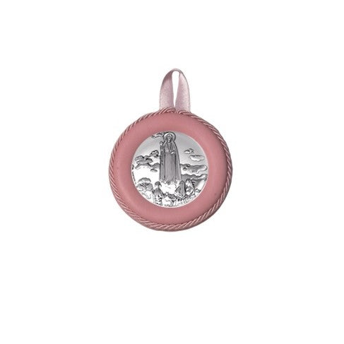 Sopraculla Rosa in Pelle Tondo con Placca in Argento con Madonna di Fatima