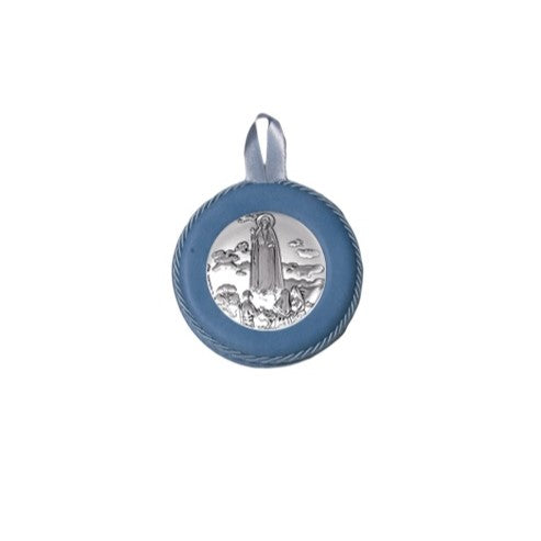 Sopraculla Azzurro in Pelle Tondo con Placca in Argento con Madonna di Fatima
