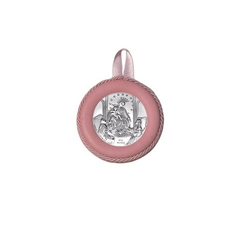 Sopraculla Rosa in Pelle Tondo con Placca in Argento con Madonna di Pompei