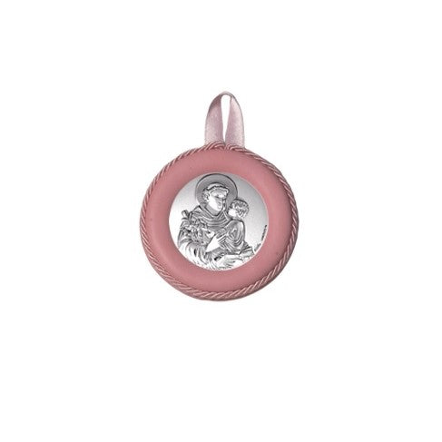 Sopraculla Rosa in Pelle Tondo con Placca in Argento con Sant'Antonio da Padova