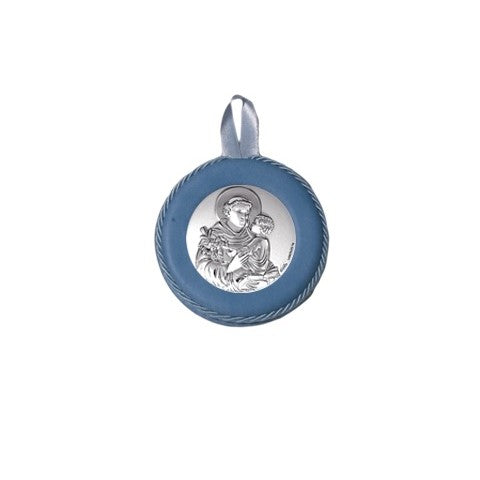 Sopraculla Azzurro in Pelle Tondo con Placca in Argento con Sant'Antonio da Padova
