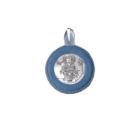Sopraculla Azzurro in Pelle Tondo con Placca in Argento con San Francesco d'Assisi