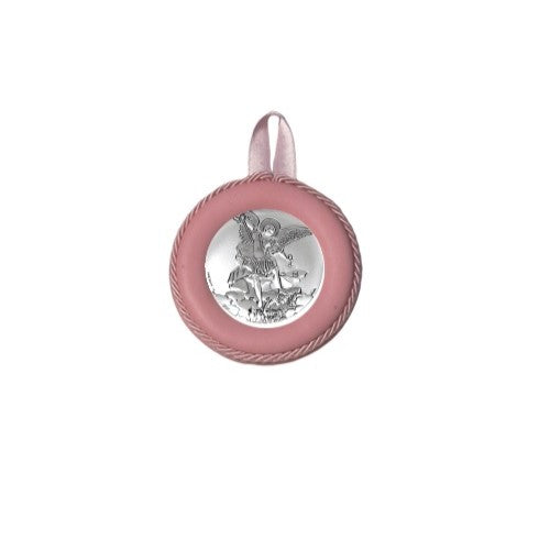 Sopraculla Rosa in Pelle Tondo con Placca in Argento con San Michele Arcangelo