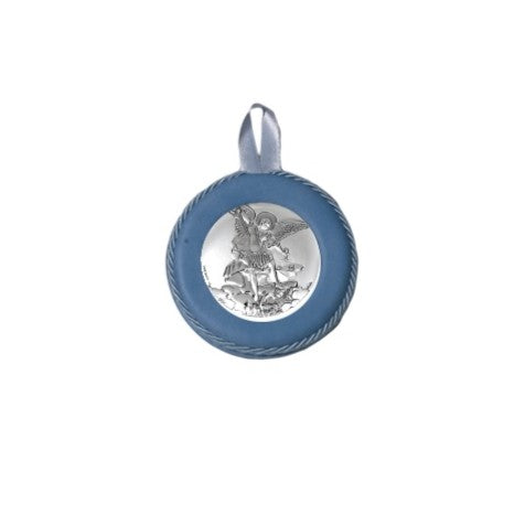 Sopraculla Azzurro in Pelle Tondo con Placca in Argento con San Michele Arcangelo