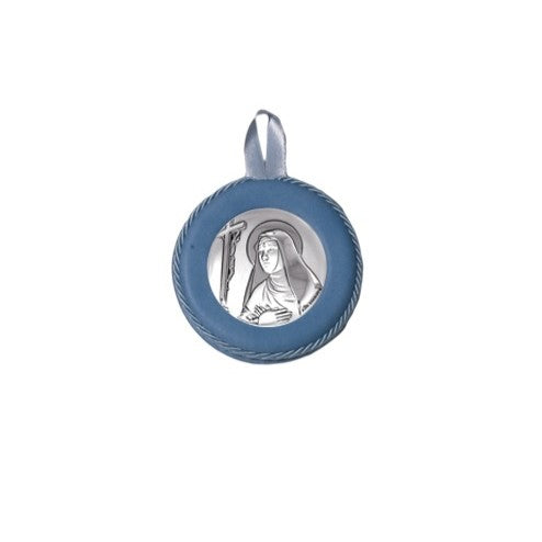 Sopraculla Azzurro in Pelle Tondo con Placca in Argento con Santa Rita da Cascia