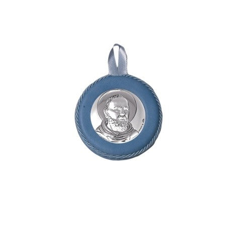 Sopraculla Azzurro in Pelle Tondo con Placca in Argento con San Padre Pio da Pietrelcina