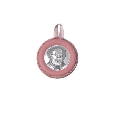 Sopraculla Rosa in Pelle Tondo con Placca in Argento con San Padre Pio da Pietrelcina