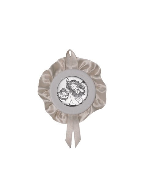 Sopraculla Avorio Tondo con Merletto e Placca in Argento Bilaminato con Angeli Custodi