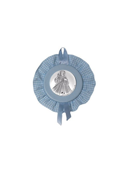 Sopraculla Azzurro Tondo con Merletto e Placca in Argento Bilaminato con Gesù Misericordioso