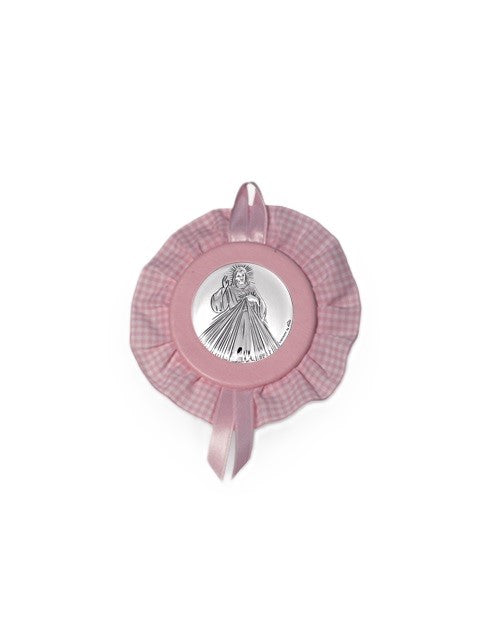Sopraculla Rosa Tondo con Merletto e Placca in Argento Bilaminato con Gesù Misericordioso