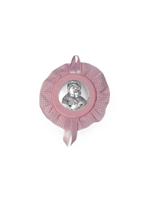 Sopraculla Rosa Tondo con Merletto e Placca in Argento Bilaminato con Madonna e Bambino