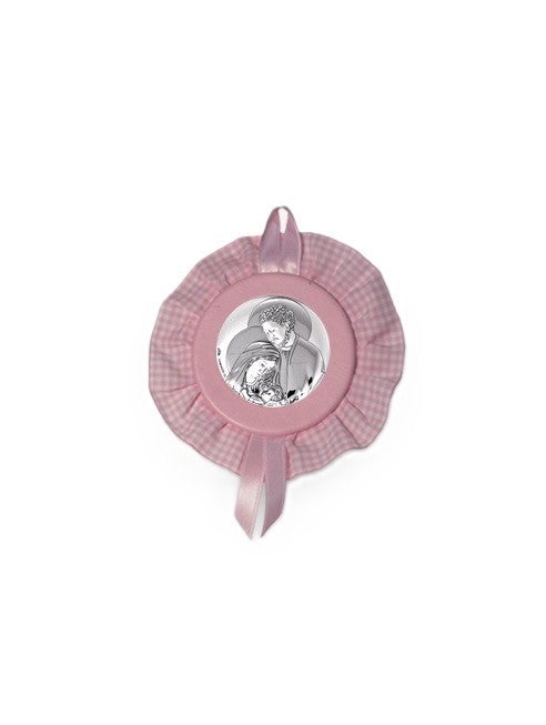 Sopraculla Rosa Tondo con Merletto e Placca in Argento Bilaminato con Sacra Famiglia