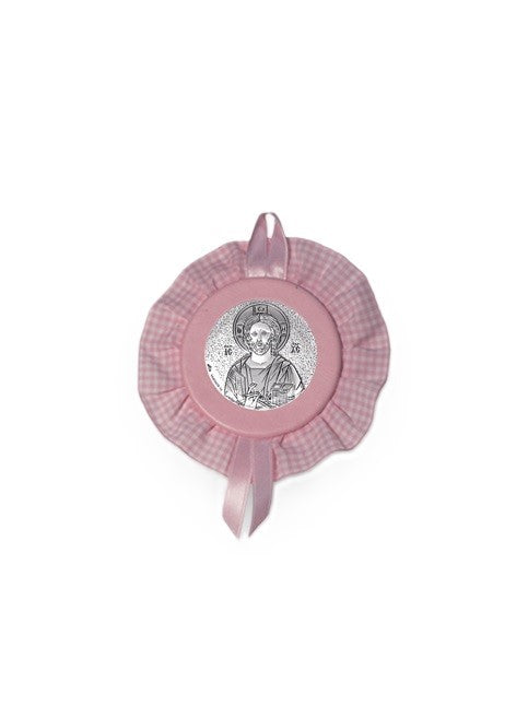 Sopraculla Rosa Tondo con Merletto e Placca in Argento Bilaminato con Gesù Maestro