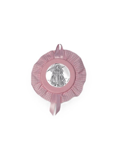 Sopraculla Rosa Tondo con Merletto e Placca in Argento Bilaminato con Madonna Miracolosa