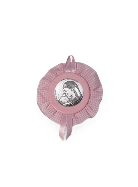 Sopraculla Rosa Tondo con Merletto e Placca in Argento Bilaminato con Madonna e Bambino