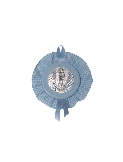 Sopraculla Azzurro Tondo con Merletto e Placca in Argento Bilaminato con Madonna di Lourdes