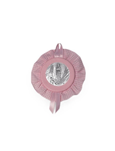 Sopraculla Rosa Tondo con Merletto e Placca in Argento Bilaminato con Madonna di Lourdes
