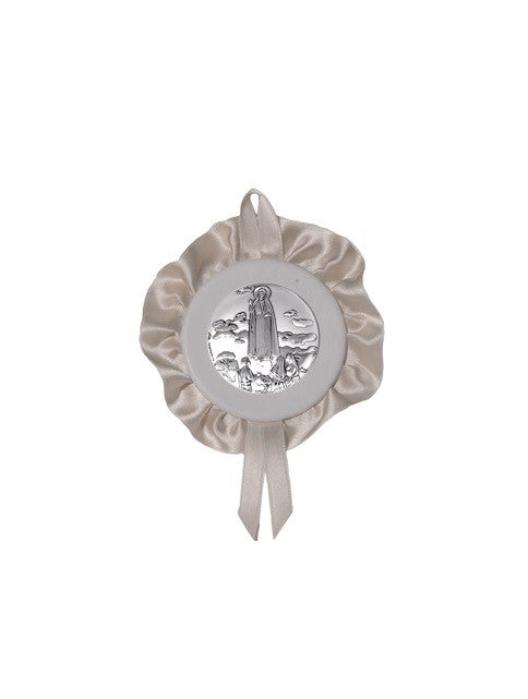 Sopraculla Avorio Tondo con Merletto e Placca in Argento Bilaminato con Madonna di Fatima